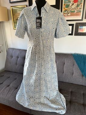 NWT Trish Scully Elegant Blue Eyelet Midi Shirt Dress size Large